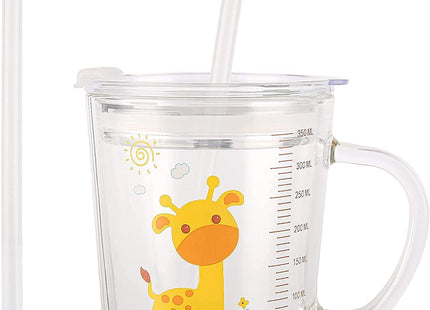 Glass Tumbler with Silicone Straw & Leakproof Lid 350ml Giraffe Drinking Cup
