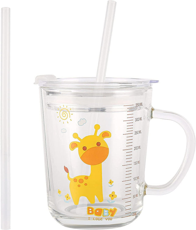 Glass Tumbler with Silicone Straw & Leakproof Lid 350ml Giraffe Drinking Cup