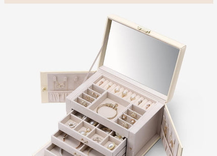 VLANDO Large 3-Drawer Jewellery Organiser Box with Mirror – Apricot White