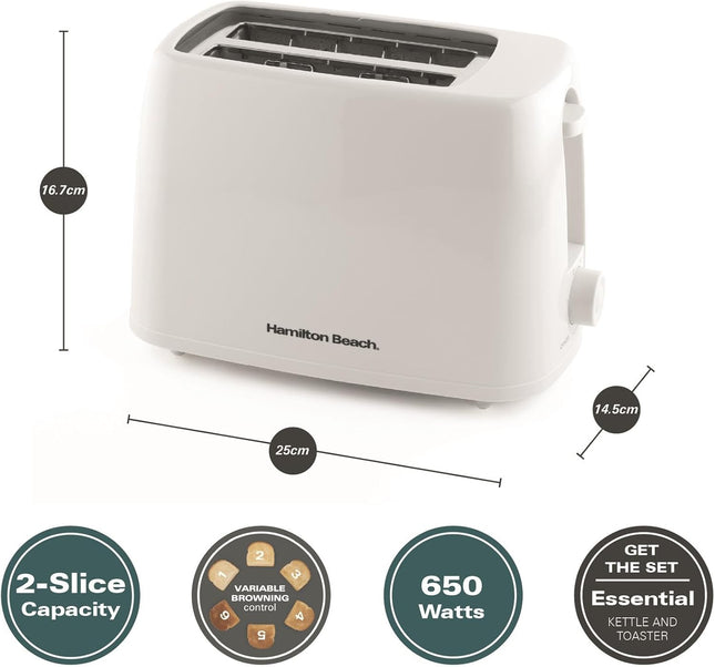 Hamilton Beach Essentials 2 Slice Toaster 650W, Wide Slots, HB1116W – White