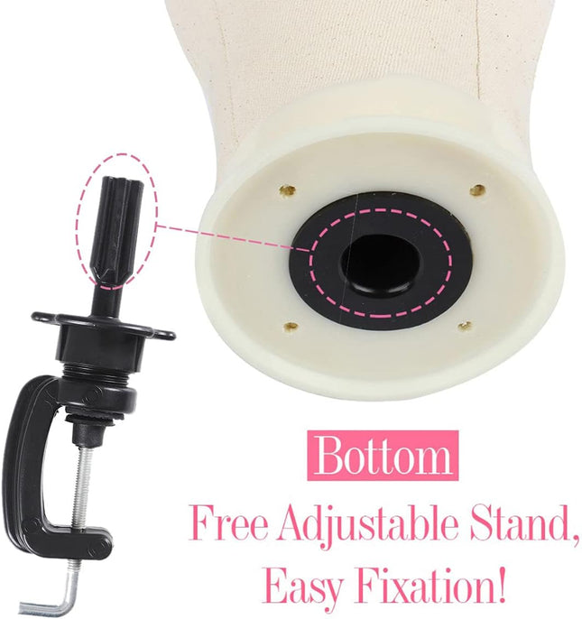 22 Inch Canvas Wig Head with Clamp Stand & Styling Accessories