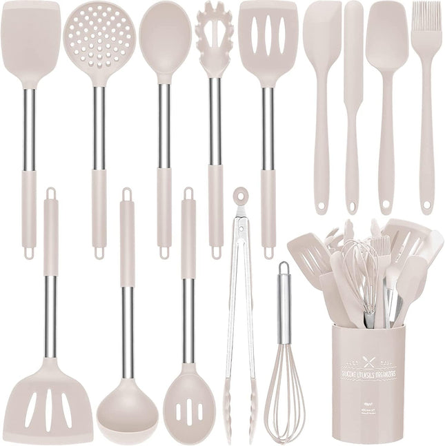 LVEON 15 Pieces Silicone Kitchen Utensils Set, Heat Resistant with Stainless Steel Handle