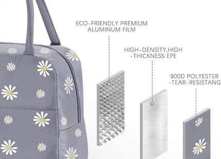 Small Insulated Lunch Bags with Reusable Foil Fabric – Gray Blue Daisy