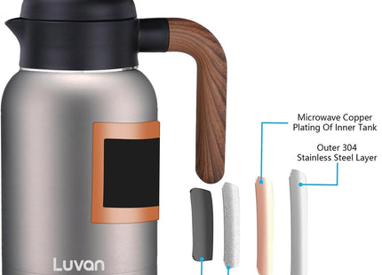Luvan 2L Thermal Coffee Carafe – 316 Stainless Steel, Vacuum Insulated, Wood Grip
