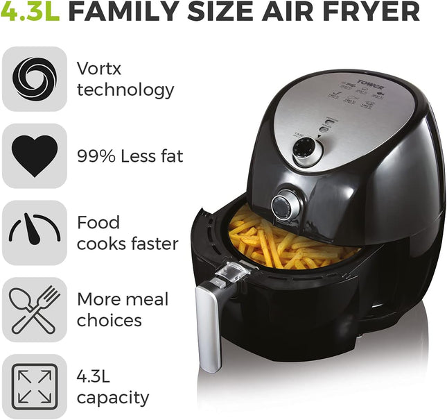 Tower T17021 Family Size Air Fryer with Rapid Air Circulation, 4.3L Capacity, 1500W – Black