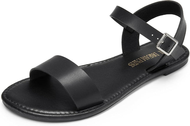 DREAM PAIRS Women's Open Toe Flat Sandals UK Size 7 – All Black