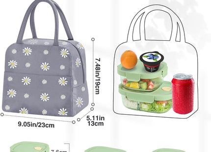 Small Insulated Lunch Bags with Reusable Foil Fabric – Gray Blue Daisy