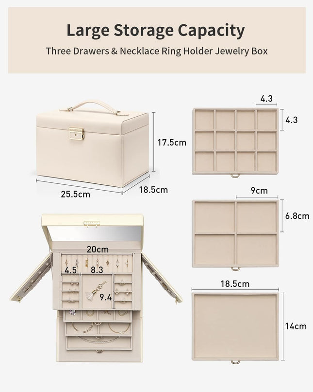 VLANDO Large 3-Drawer Jewellery Organiser Box with Mirror – Apricot White