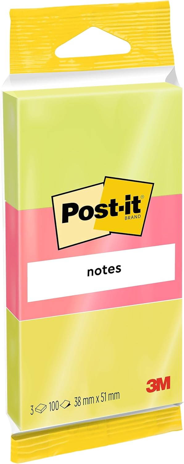 Post-it Notes – Assorted Neon Colours, 38mm x 51mm (3 Pads, 100 Sheets Each)