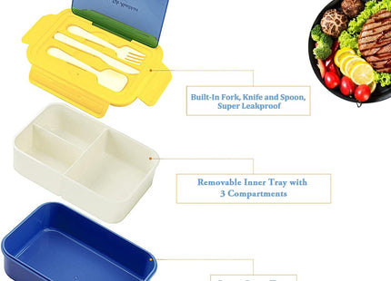 BIBURY 1.4L 3 Compartment Leakproof Bento Lunch Box – Yellow Blue