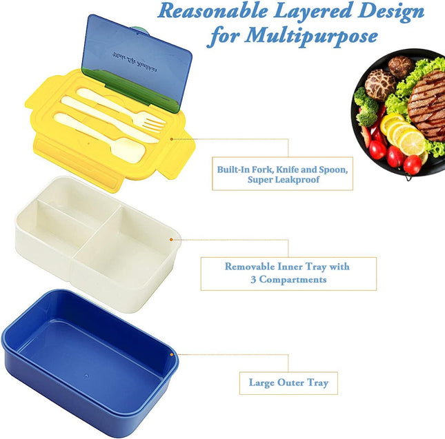 BIBURY 1.4L 3 Compartment Leakproof Bento Lunch Box – Yellow Blue