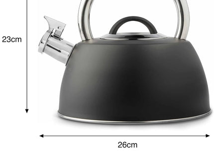 VonShef 2.5L Matte Black Whistling Stove Top Kettle – Stainless Steel, Induction Ready