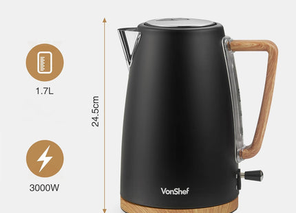 VonShef Fika Electric Kettle – 1.7L Rapid Boil 3000W, Black Nordic Design