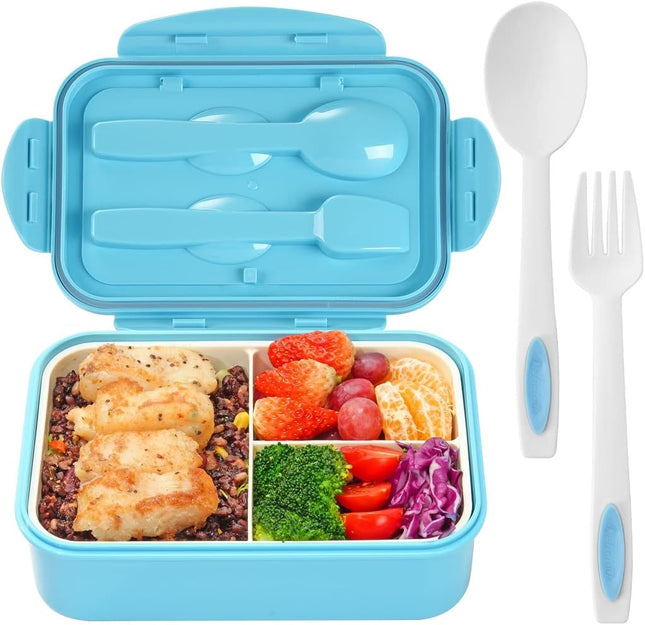 Bento Lunch Box 1100ml 3 Compartment Lunch Container with Spoon & Fork Blue