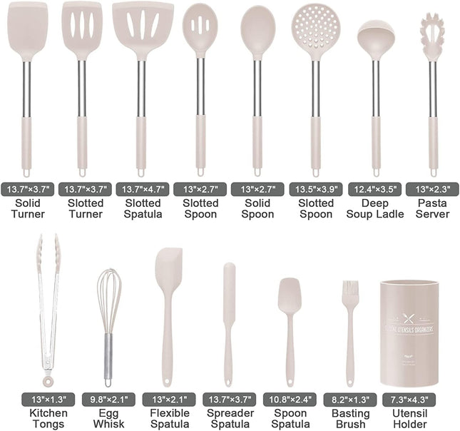 LVEON 15 Pieces Silicone Kitchen Utensils Set, Heat Resistant with Stainless Steel Handle