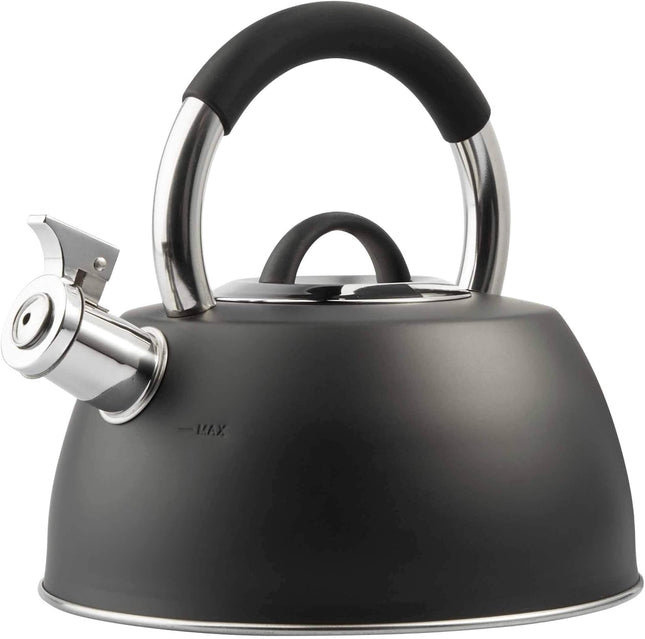 VonShef 2.5L Matte Black Whistling Stove Top Kettle – Stainless Steel, Induction Ready