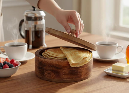 Handmade Wooden Tortilla & Roti Warmer with Lid 9 Inch – Natural Brown