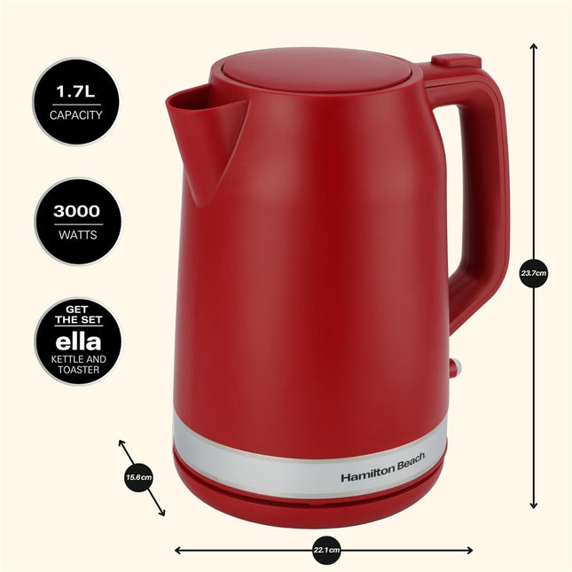 Hamilton Beach Ella 1.7L Electric Kettle, Auto Shut Off, Matte Red - HBK3045MR