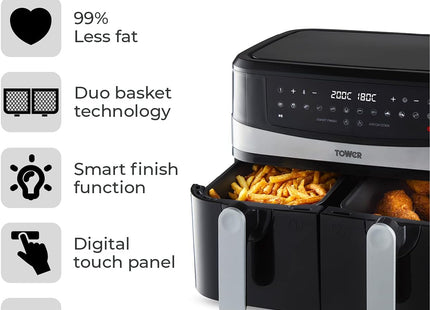 Tower T17088 Vortx 9L Dual Basket Air Fryer with Smart Finish & Match Cook – 2600W Black
