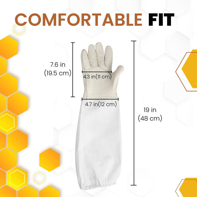 Flexzion Goatskin Leather Beekeeping Gloves with Canvas Arm Guards – White