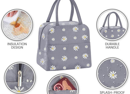 Small Insulated Lunch Bags with Reusable Foil Fabric – Gray Blue Daisy