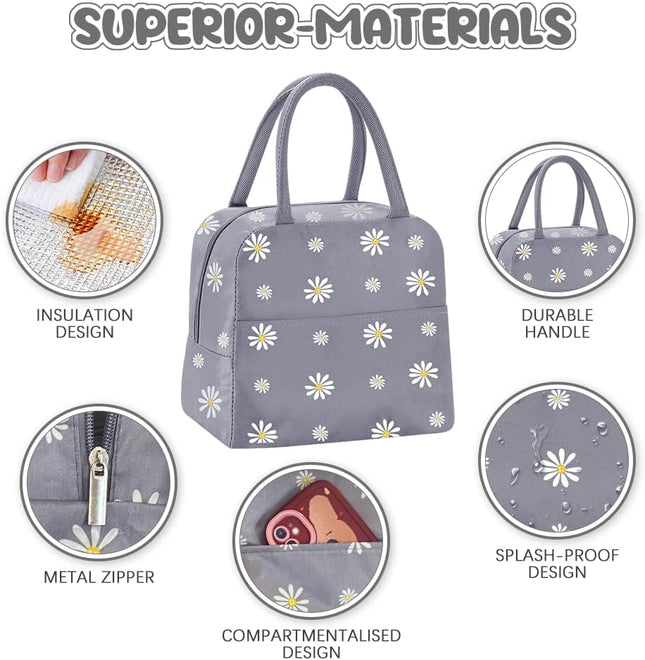 Small Insulated Lunch Bags with Reusable Foil Fabric – Gray Blue Daisy