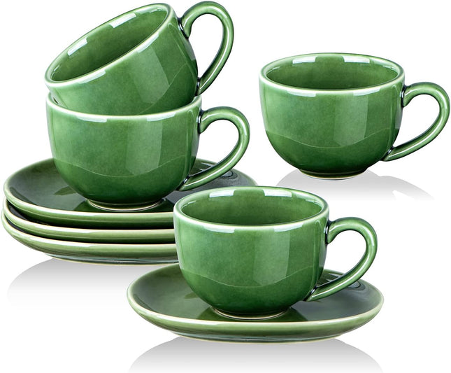 vicrays 6.5 oz Cappuccino Cups with Saucers – Set of 4, Coffee Cups for Latte, Mocha