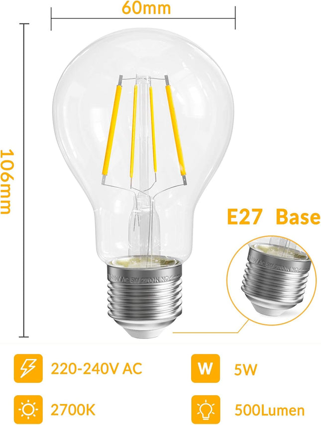 QNINE E27 LED Edison Filament Bulbs 5W 500lm Warm White 2700K – 3 Pack