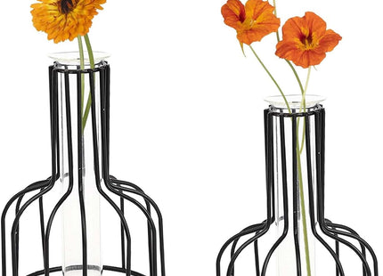 Pack of 2 Black Flower Vase with Metal Frame and Clear Glass – Black