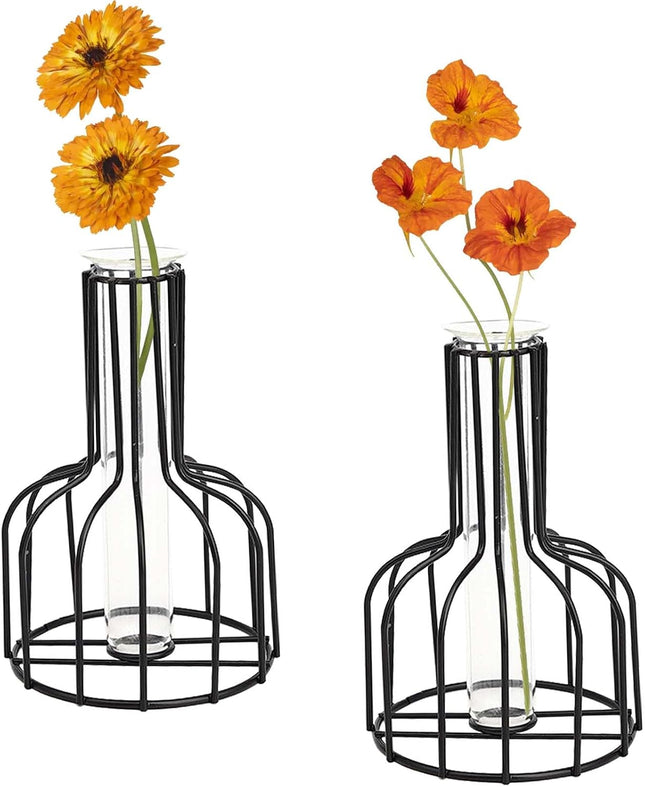 Pack of 2 Black Flower Vase with Metal Frame and Clear Glass – Black