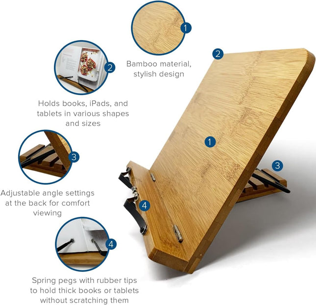 Joeji's Kitchen Bamboo Cookbook Stand – Adjustable Book Holder for Recipes