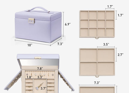 VLANDO Large 3-Drawer Jewellery Organiser Box with Mirror – Purple