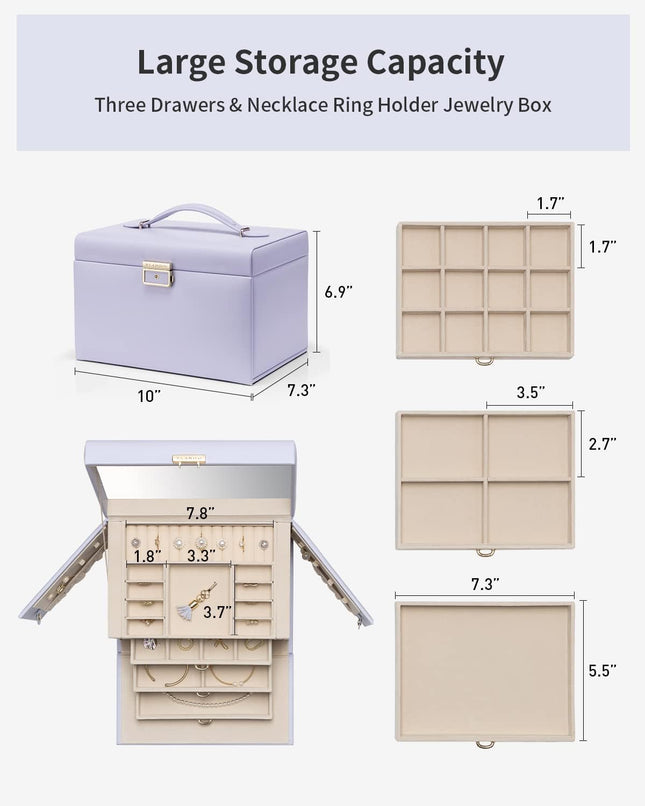 VLANDO Large 3-Drawer Jewellery Organiser Box with Mirror – Purple