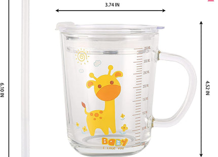 Glass Tumbler with Silicone Straw & Leakproof Lid 350ml Giraffe Drinking Cup