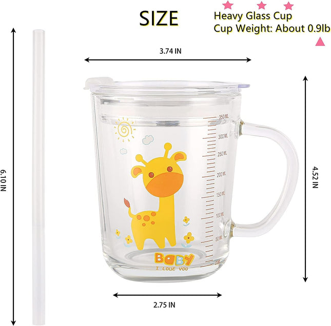 Glass Tumbler with Silicone Straw & Leakproof Lid 350ml Giraffe Drinking Cup