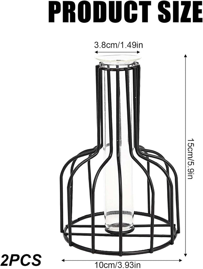 Pack of 2 Black Flower Vase with Metal Frame and Clear Glass – Black