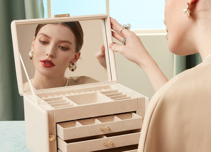 VLANDO Large 3-Drawer Jewellery Organiser Box with Mirror – Apricot White