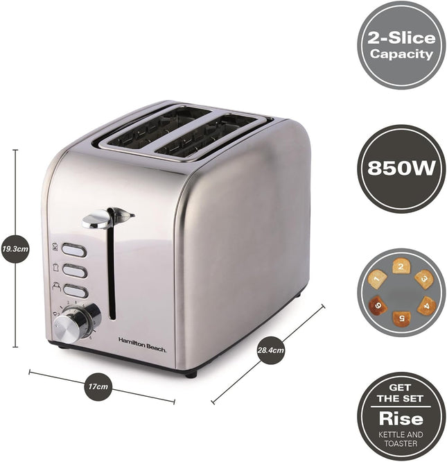 Hamilton Beach Rise 2 Slice Toaster 850W, HB1718B2 – Brushed & Polished, Stainless