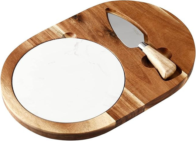 hecef Acacia Wood Cheese Board Set – Marble Tray with Stainless Steel Knife