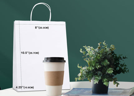 Switory White Kraft Paper Gift Bags with Handles 8 x 4.75 x 10.5" – 100 Pack