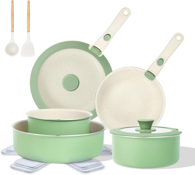 M MELENTA 16 Piece Non Stick Cookware Set – Induction Pots & Pans (Sage Green)