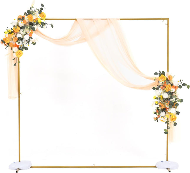 VINCIGANT Gold Square Wedding Arch Stand 6.6ft – Metal Backdrop Frame with Water Bags