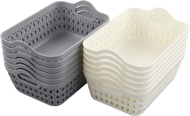 Bblina Mini Storage Tray, Plastic Storage Basket Trays Set of 12 With Handles, (White/Grey)
