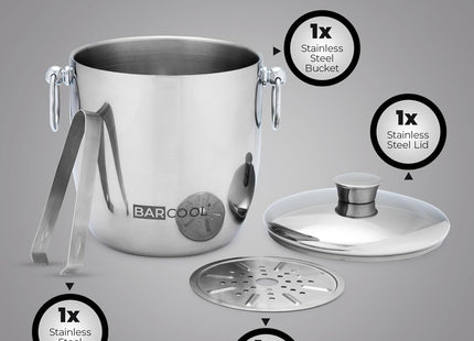Barcool 3L Double-Walled Stainless Steel Ice Bucket with Lid & Tongs