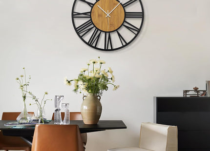 HAITANG 20-Inch Large Silent Wall Clock – 50cm Roman Numeral Retro Wood & Metal Design