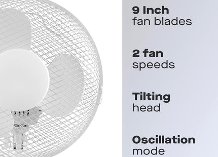 Daewoo 9 Inch Desk Fan with Oscillation & Adjustable Tilt 2 Speed Portable Table Fan White