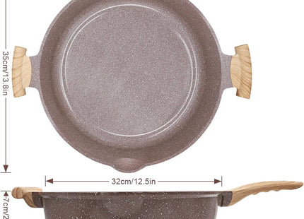 AIKENBBKK 32cm 2-in-1 Ceramic Nonstick Deep Frying Pan with Lid – Brown