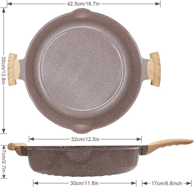 AIKENBBKK 32cm 2-in-1 Ceramic Nonstick Deep Frying Pan with Lid – Brown