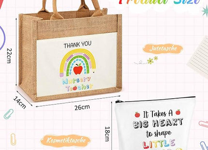 Xuniea 2 Piece Nursery Teacher Gift Set – Jute Tote & Cosmetic Pouch