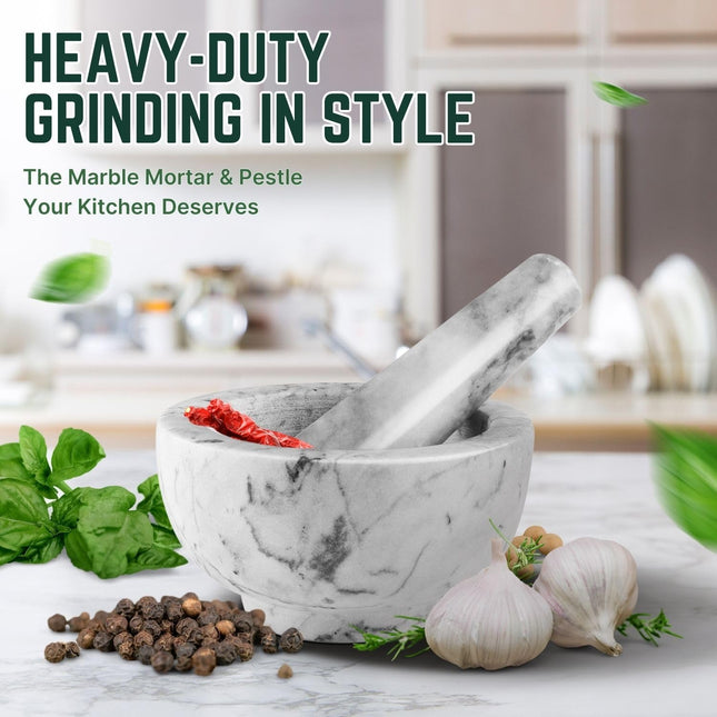 Flexzion Marble Mortar and Pestle Set – Solid White/Gray Stone Grinder Bowl
